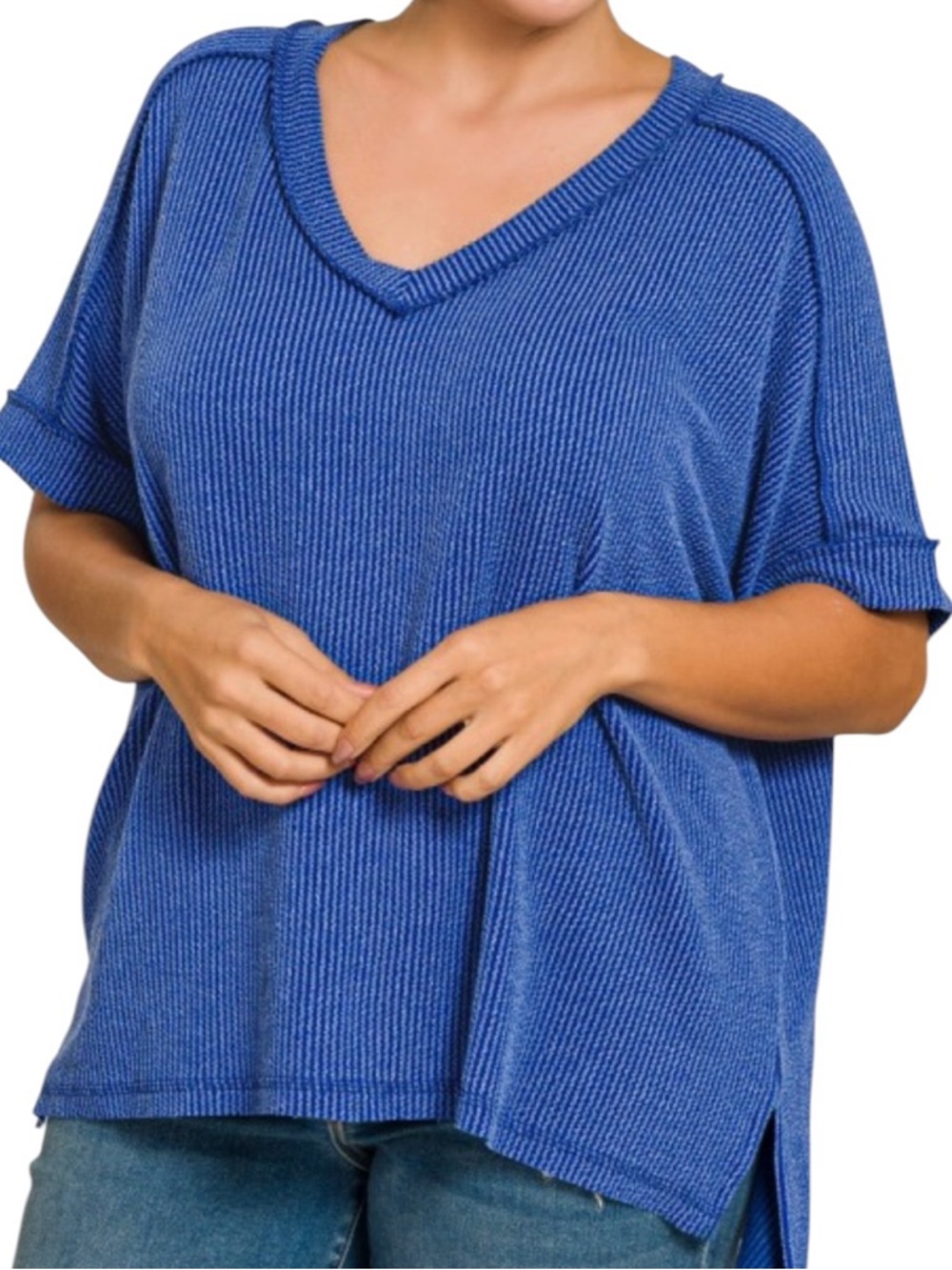 583. Plus Blue Stretchy Ribbed V-Neck High-Low Short Sleeve Top NEW